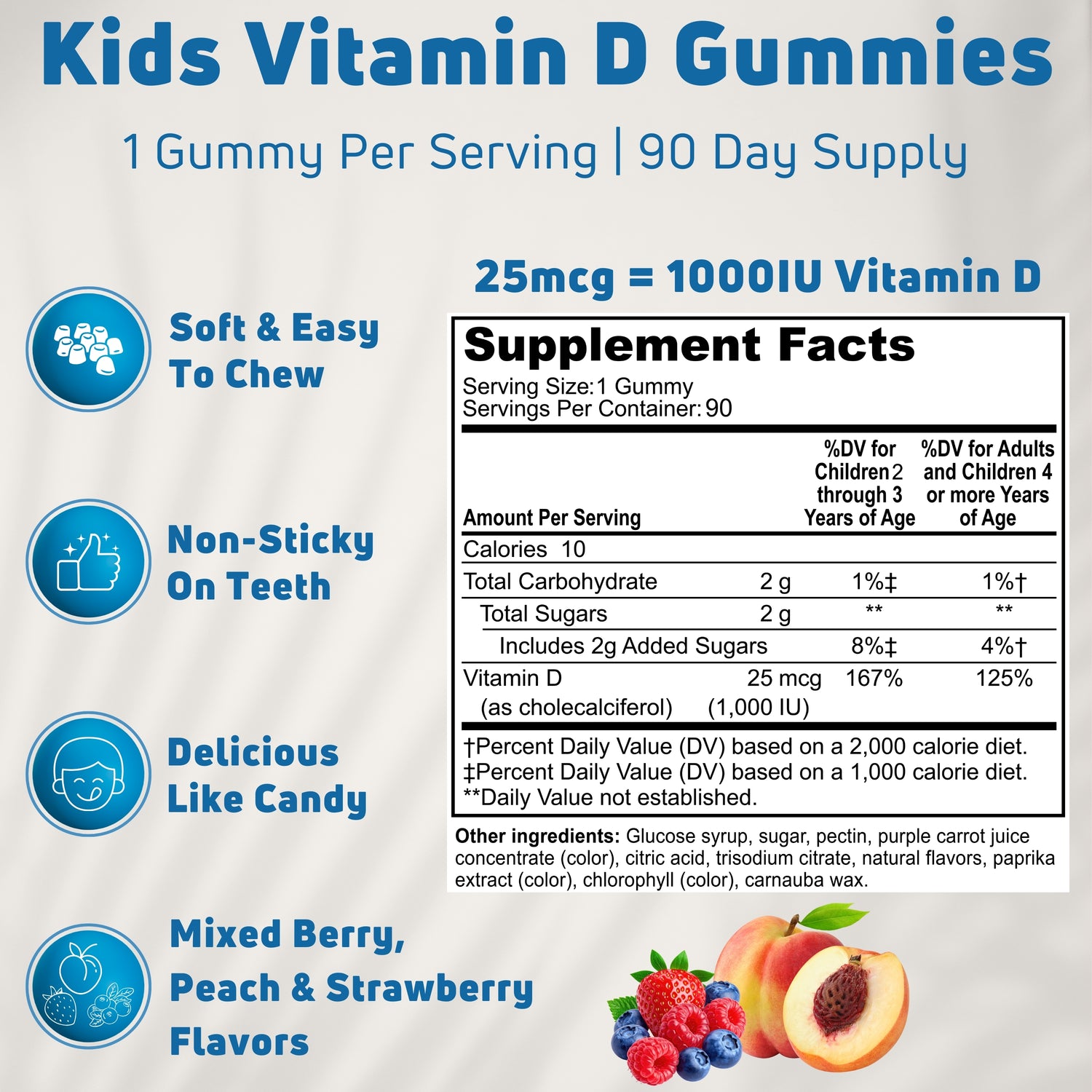 Vitamin D3 Gummies 1000 IU for Kids - 90 Day Supply - Bones, Muscles & Immune Support