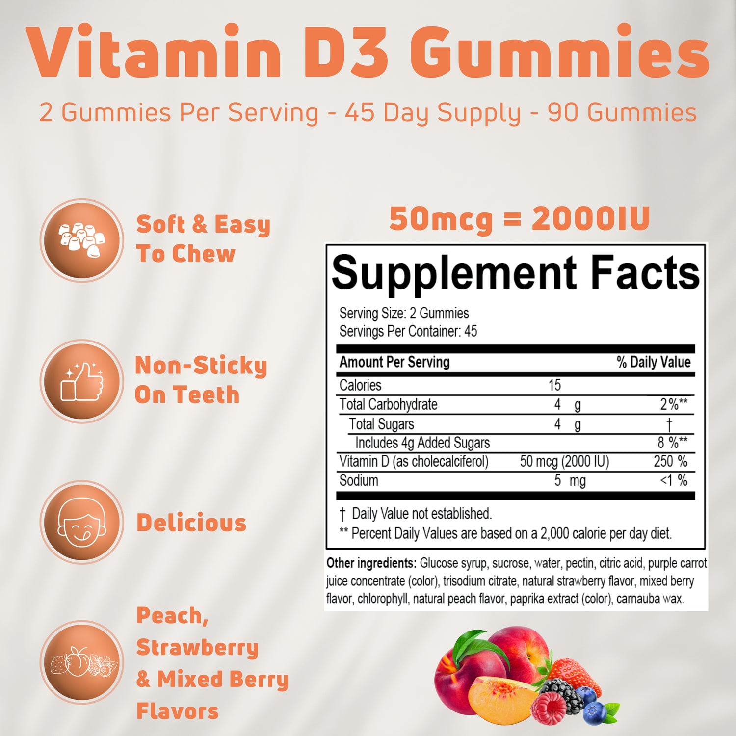 Vitamin D3 Gummies 2000 IU for Adults - 45 Day Supply - Bone & Immune Support
