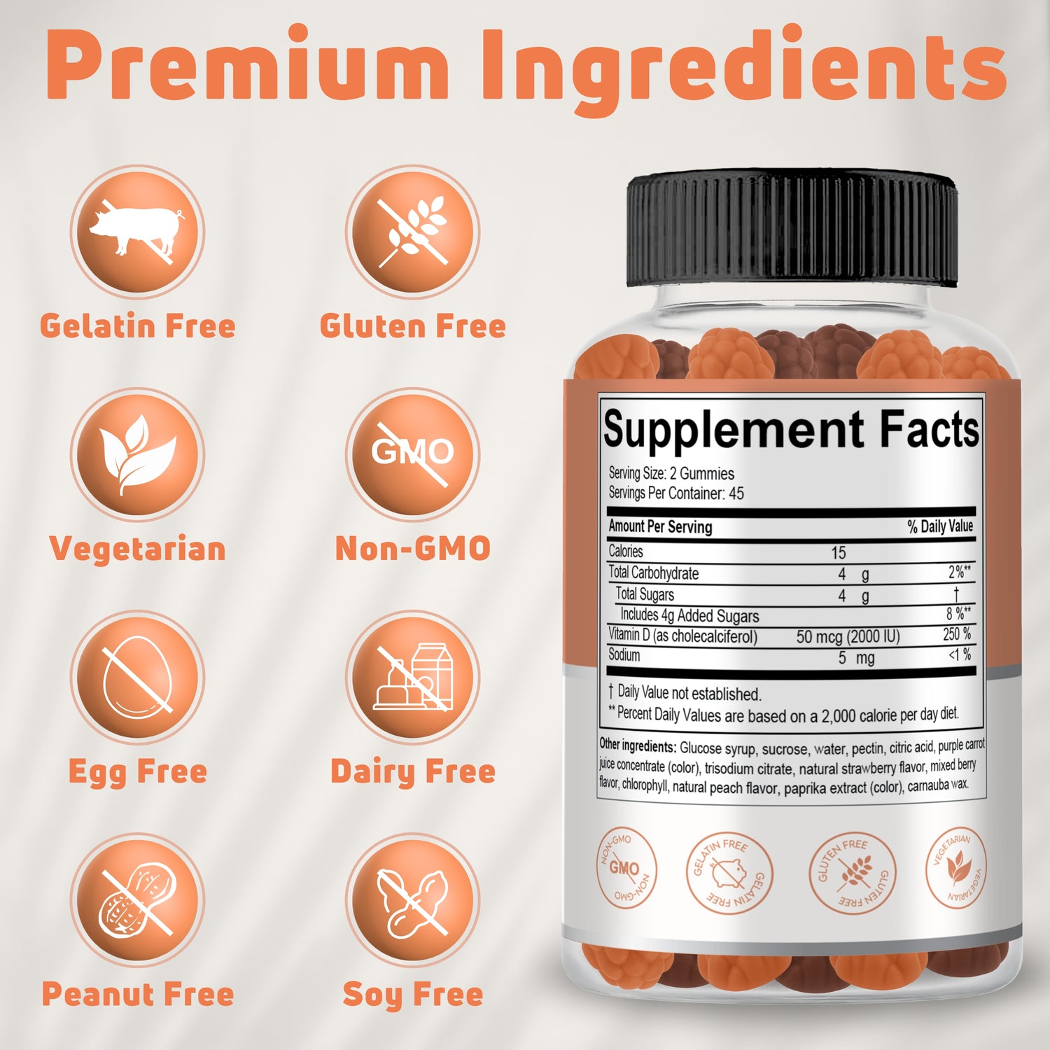 Vitamin D3 Gummies 2000 IU for Adults - 45 Day Supply - Bone & Immune Support