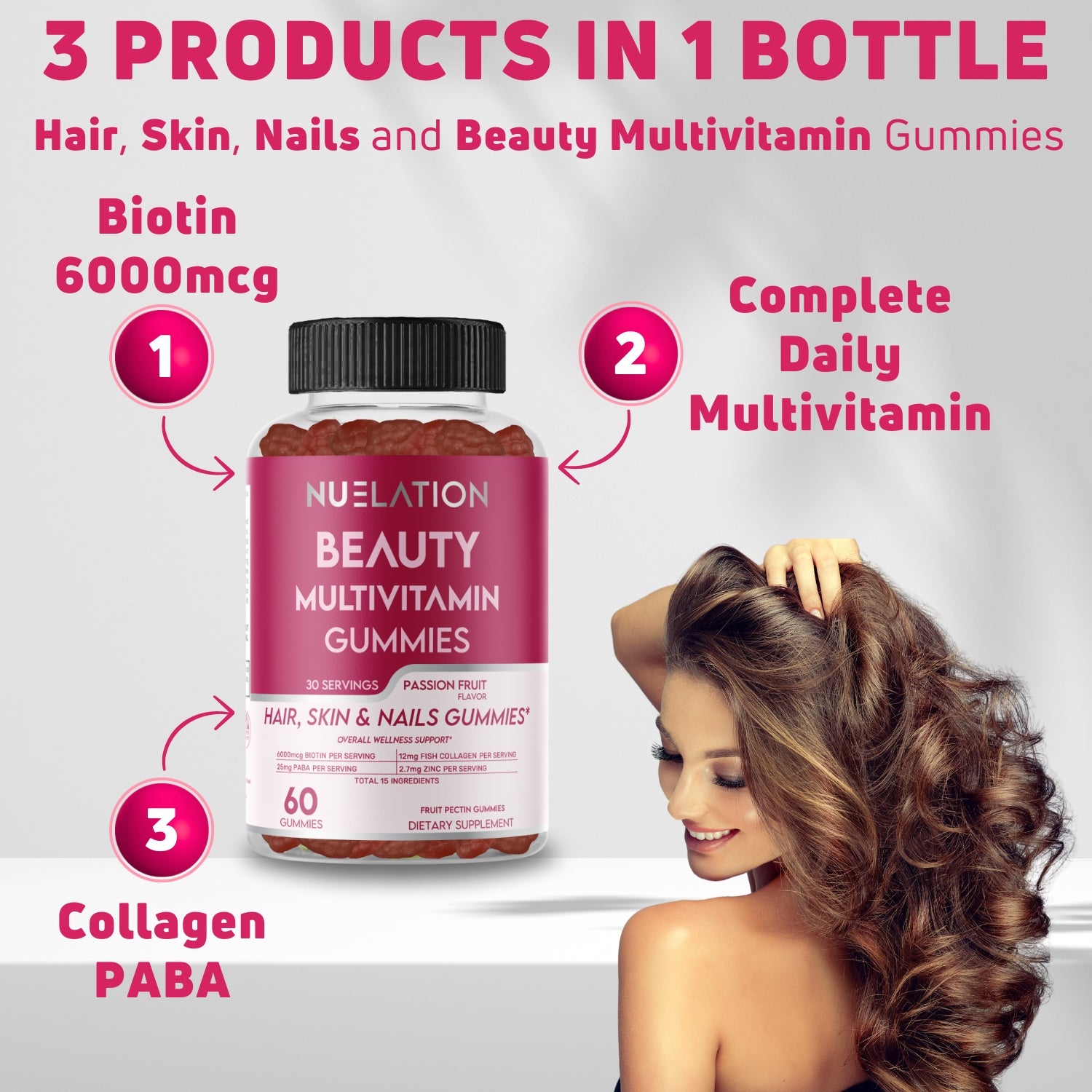 Hair Skin and Nails Gummies with 6000mcg Biotin, Collagen and PABA